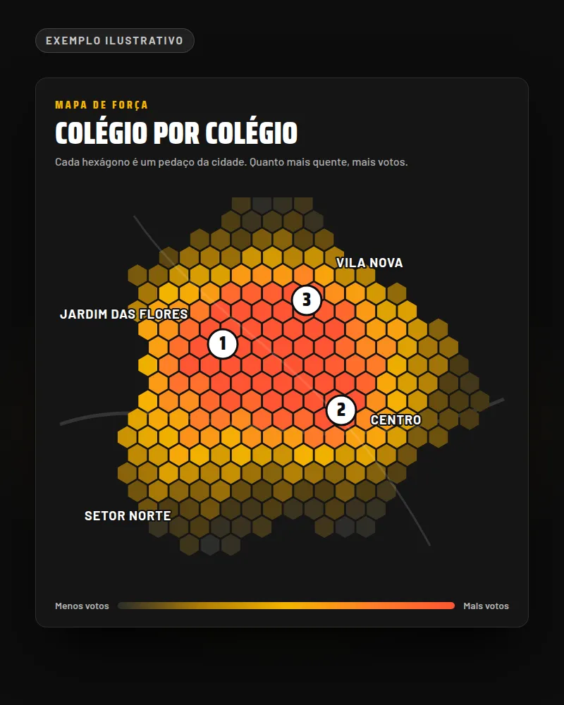 Mapa de calor ilustrativo com os locais de votação mais fortes numerados